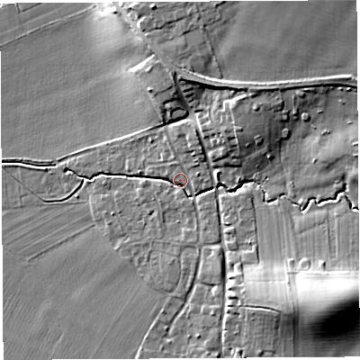 Shaded relief map of the ground around HR13LR, computed from Environment Agency LiDAR. The ground here sits at about 65 m above sea level and falls 15 m across the surrounding 800 m. Surface water reaching this point runs off ground lying to the south-east, 13.7 m higher.
