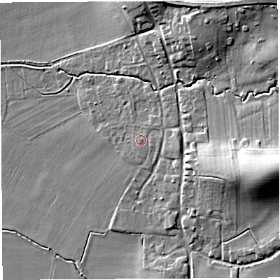 Shaded relief map of the ground around HR13LS, computed from Environment Agency LiDAR. The ground here sits at about 65 m above sea level and falls 15 m across the surrounding 800 m. Surface water reaching this point runs off ground lying to the east-north-east, 1.1 m higher.