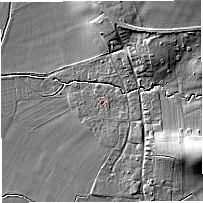 Shaded relief map of the ground around HR13LT, computed from Environment Agency LiDAR. The ground here sits at about 64 m above sea level and falls 16 m across the surrounding 800 m. Surface water reaching this point runs off ground lying to the north-north-east, 1.0 m higher.