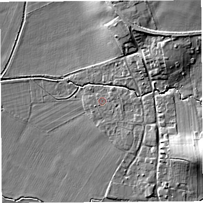 Shaded relief map of the ground around HR13LU, computed from Environment Agency LiDAR. The ground here sits at about 64 m above sea level and falls 14 m across the surrounding 800 m. Surface water reaching this point runs off ground lying to the east, 1.4 m higher.