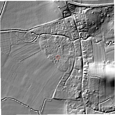 Shaded relief map of the ground around HR13LW, computed from Environment Agency LiDAR. The ground here sits at about 64 m above sea level and falls 15 m across the surrounding 800 m. Surface water reaching this point runs off ground lying to the east, 1.5 m higher.