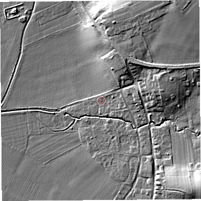 Shaded relief map of the ground around HR13LX, computed from Environment Agency LiDAR. The ground here sits at about 64 m above sea level and falls 15 m across the surrounding 800 m. Surface water reaching this point runs off ground lying to the east, 2.2 m higher.