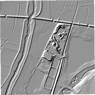 Shaded relief map of the ground around HR13LZ, computed from Environment Agency LiDAR. The ground here sits at about 50 m above sea level and falls 12 m across the surrounding 800 m. Surface water reaching this point runs off ground lying to the south-south-east, 3.9 m higher.