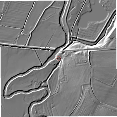 Shaded relief map of the ground around HR13NA, computed from Environment Agency LiDAR. The ground here sits at about 51 m above sea level and falls 11 m across the surrounding 800 m. Surface water reaching this point runs off ground lying to the east, 8.4 m higher.