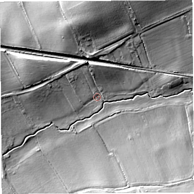 Shaded relief map of the ground around HR13NE, computed from Environment Agency LiDAR. The ground here sits at about 58 m above sea level and falls 16 m across the surrounding 800 m. Surface water reaching this point runs off ground lying to the north, 6.0 m higher.