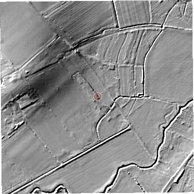 Shaded relief map of the ground around HR13NL, computed from Environment Agency LiDAR. The ground here sits at about 53 m above sea level and falls 11 m across the surrounding 800 m. Surface water reaching this point runs off ground lying to the north-west, 9.2 m higher.