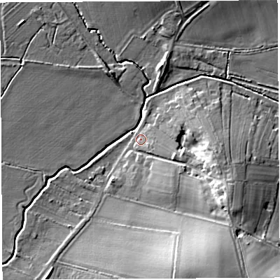Shaded relief map of the ground around HR13NN, computed from Environment Agency LiDAR. The ground here sits at about 53 m above sea level and falls 18 m across the surrounding 800 m. Surface water reaching this point runs off ground lying to the east-south-east, 2.8 m higher.