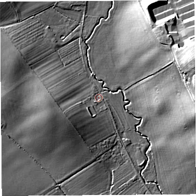 Shaded relief map of the ground around HR13NP, computed from Environment Agency LiDAR. The ground here sits at about 55 m above sea level and falls 22 m across the surrounding 800 m. Surface water reaching this point runs off ground lying to the west-south-west, 7.2 m higher.
