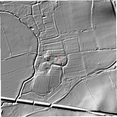 Shaded relief map of the ground around HR13NQ, computed from Environment Agency LiDAR. The ground here sits at about 52 m above sea level and falls 15 m across the surrounding 800 m. Surface water reaching this point runs off ground lying to the east-south-east, 1.8 m higher.