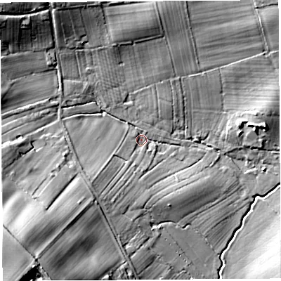 Shaded relief map of the ground around HR13NS, computed from Environment Agency LiDAR. The ground here sits at about 64 m above sea level and falls 43 m across the surrounding 800 m. Surface water reaching this point runs off ground lying to the south-west, 37.8 m higher.