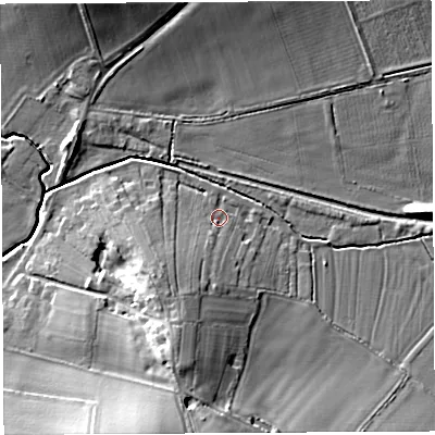 Shaded relief map of the ground around HR13NT, computed from Environment Agency LiDAR. The ground here sits at about 54 m above sea level and falls 16 m across the surrounding 800 m. Surface water reaching this point runs off ground lying to the south-south-west, 9.7 m higher.