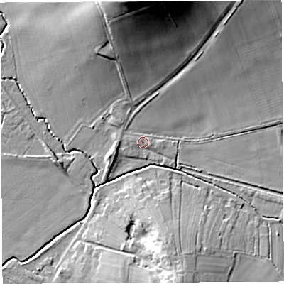 Shaded relief map of the ground around HR13NU, computed from Environment Agency LiDAR. The ground here sits at about 54 m above sea level and falls 29 m across the surrounding 800 m. Surface water reaching this point runs off ground lying to the north, 26.4 m higher.