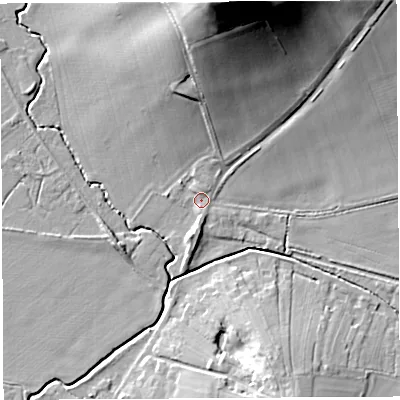 Shaded relief map of the ground around HR13NX, computed from Environment Agency LiDAR. The ground here sits at about 54 m above sea level and falls 39 m across the surrounding 800 m. Surface water reaching this point runs off ground lying to the north, 36.3 m higher.