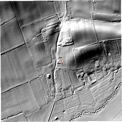 Shaded relief map of the ground around HR13PE, computed from Environment Agency LiDAR. The ground here sits at about 67 m above sea level and falls 28 m across the surrounding 800 m. Surface water reaching this point runs off ground lying to the north-north-east, 12.1 m higher.