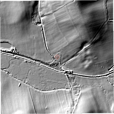 Shaded relief map of the ground around HR13QF, computed from Environment Agency LiDAR. The ground here sits at about 56 m above sea level and falls 21 m across the surrounding 800 m. Surface water reaching this point runs off ground lying to the north-north-east, 18.8 m higher.