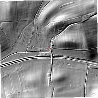Shaded relief map of the ground around HR13RG, computed from Environment Agency LiDAR. The ground here sits at about 60 m above sea level and falls 22 m across the surrounding 800 m. Surface water reaching this point runs off ground lying to the north-north-east, 10.9 m higher.