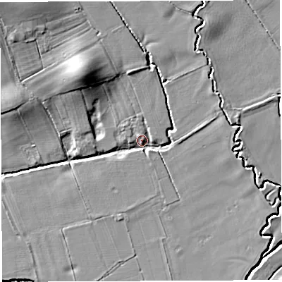 Shaded relief map of the ground around HR13TE, computed from Environment Agency LiDAR. The ground here sits at about 59 m above sea level and falls 10 m across the surrounding 800 m. Surface water reaching this point runs off ground lying to the north-west, 8.2 m higher.