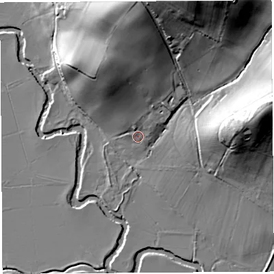 Shaded relief map of the ground around HR14AS, computed from Environment Agency LiDAR. The ground here sits at about 50 m above sea level and falls 31 m across the surrounding 800 m. Surface water reaching this point runs off ground lying to the north-north-west, 16.6 m higher.