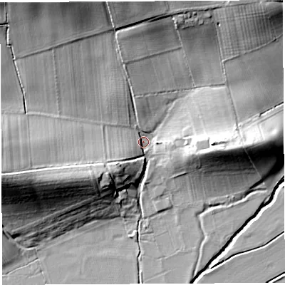 Shaded relief map of the ground around HR14BN, computed from Environment Agency LiDAR. The ground here sits at about 54 m above sea level and falls 22 m across the surrounding 800 m. Surface water reaching this point runs off ground lying to the north-north-west, 17.9 m higher.