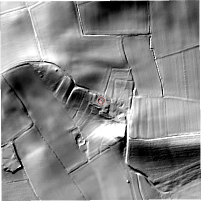 Shaded relief map of the ground around HR14BW, computed from Environment Agency LiDAR. The ground here sits at about 71 m above sea level and falls 32 m across the surrounding 800 m. Surface water reaching this point runs off ground lying to the north-west, 2.8 m higher.