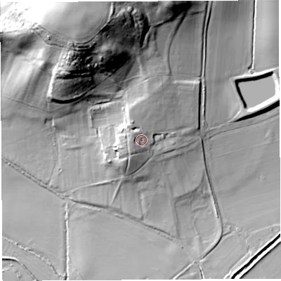 Shaded relief map of the ground around HR14DF, computed from Environment Agency LiDAR. The ground here sits at about 60 m above sea level and falls 46 m across the surrounding 800 m. Surface water reaching this point runs off ground lying to the north-north-west, 3.5 m higher.