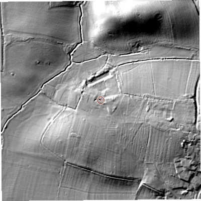 Shaded relief map of the ground around HR14DP, computed from Environment Agency LiDAR. The ground here sits at about 55 m above sea level and falls 22 m across the surrounding 800 m. Surface water reaching this point runs off ground lying to the east-south-east, 2.5 m higher.