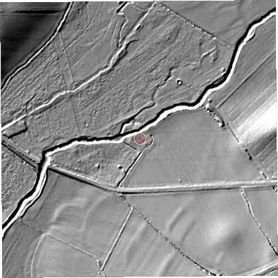 Shaded relief map of the ground around HR14DY, computed from Environment Agency LiDAR. The ground here sits at about 50 m above sea level and falls 17 m across the surrounding 800 m. Surface water reaching this point runs off ground lying to the east, 11.4 m higher.