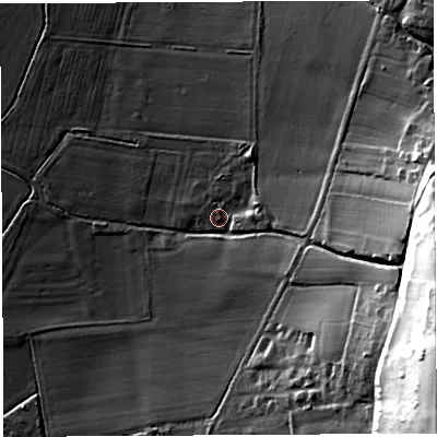 Shaded relief map of the ground around HR14EW, computed from Environment Agency LiDAR. The ground here sits at about 50 m above sea level and falls 62 m across the surrounding 800 m. Surface water reaching this point runs off ground lying to the east, 34.2 m higher.