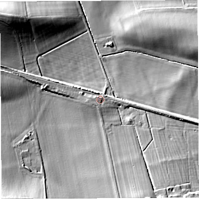 Shaded relief map of the ground around HR14EY, computed from Environment Agency LiDAR. The ground here sits at about 65 m above sea level and falls 18 m across the surrounding 800 m. Surface water reaching this point runs off ground lying to the south-south-west, 0.9 m higher.