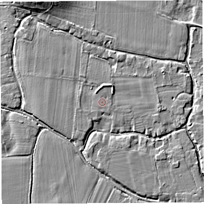 Shaded relief map of the ground around HR14FL, computed from Environment Agency LiDAR. The ground here sits at about 47 m above sea level and falls 9 m across the surrounding 800 m. Surface water reaching this point runs off ground lying to the north, 0.5 m higher.