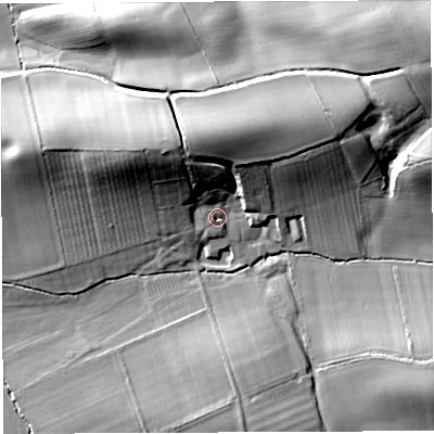 Shaded relief map of the ground around HR14JB, computed from Environment Agency LiDAR. The ground here sits at about 63 m above sea level and falls 18 m across the surrounding 800 m. Surface water reaching this point runs off ground lying to the north, 13.3 m higher.