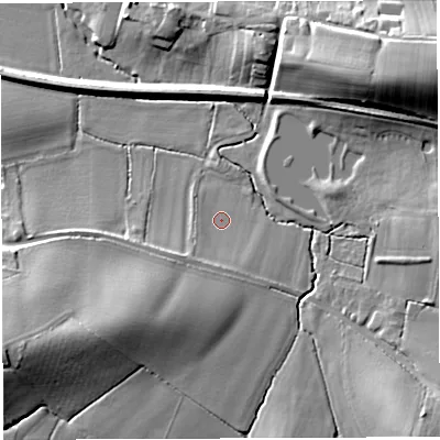 Shaded relief map of the ground around HR14JJ, computed from Environment Agency LiDAR. The ground here sits at about 69 m above sea level and falls 30 m across the surrounding 800 m. Surface water reaching this point runs off ground lying to the south-west, 14.8 m higher.