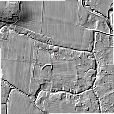 Shaded relief map of the ground around HR14JL, computed from Environment Agency LiDAR. The ground here sits at about 46 m above sea level and falls 11 m across the surrounding 800 m. Surface water reaching this point runs off ground lying to the north, 1.2 m higher.