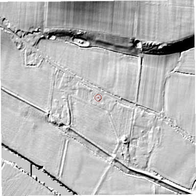 Shaded relief map of the ground around HR14JP, computed from Environment Agency LiDAR. The ground here sits at about 49 m above sea level and falls 20 m across the surrounding 800 m. Surface water reaching this point runs off ground lying to the north-west, 0.7 m higher.