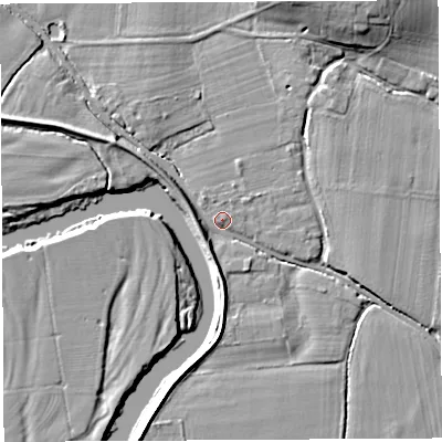 Shaded relief map of the ground around HR14JR, computed from Environment Agency LiDAR. The ground here sits at about 47 m above sea level and falls 10 m across the surrounding 800 m. Surface water reaching this point runs off ground lying to the north-north-east, 8.6 m higher.
