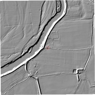 Shaded relief map of the ground around HR14JS, computed from Environment Agency LiDAR. The ground here sits at about 47 m above sea level and falls 6 m across the surrounding 800 m. Surface water reaching this point runs off ground lying to the south-west, 2.9 m higher.