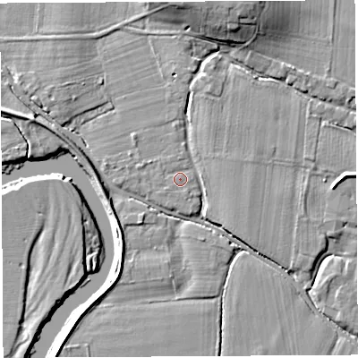 Shaded relief map of the ground around HR14JT, computed from Environment Agency LiDAR. The ground here sits at about 47 m above sea level and falls 10 m across the surrounding 800 m. Surface water reaching this point runs off ground lying to the west-south-west, 0.6 m higher.