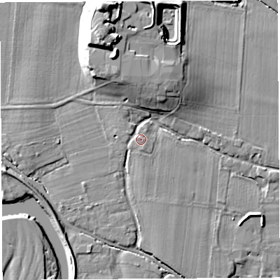 Shaded relief map of the ground around HR14JU, computed from Environment Agency LiDAR. The ground here sits at about 48 m above sea level and falls 18 m across the surrounding 800 m. Surface water reaching this point runs off ground lying to the south-east, 2.0 m higher.