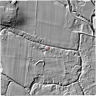 Shaded relief map of the ground around HR14JX, computed from Environment Agency LiDAR. The ground here sits at about 47 m above sea level and falls 11 m across the surrounding 800 m. Surface water reaching this point runs off ground lying to the north-west, 2.6 m higher.