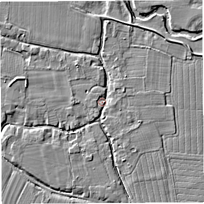 Shaded relief map of the ground around HR14JY, computed from Environment Agency LiDAR. The ground here sits at about 46 m above sea level and falls 7 m across the surrounding 800 m. Surface water reaching this point runs off ground lying to the north-west, 3.2 m higher.