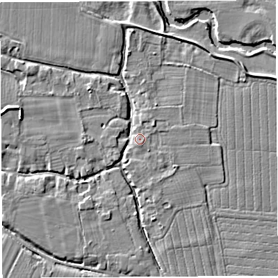 Shaded relief map of the ground around HR14JZ, computed from Environment Agency LiDAR. The ground here sits at about 46 m above sea level and falls 7 m across the surrounding 800 m. Surface water reaching this point runs off ground lying to the north-west, 3.1 m higher.