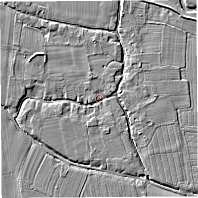 Shaded relief map of the ground around HR14LA, computed from Environment Agency LiDAR. The ground here sits at about 46 m above sea level and falls 7 m across the surrounding 800 m. Surface water reaching this point runs off ground lying to the west-north-west, 5.5 m higher.