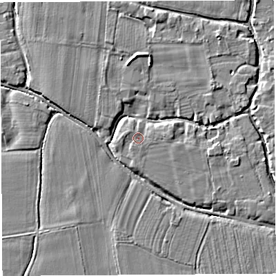 Shaded relief map of the ground around HR14LB, computed from Environment Agency LiDAR. The ground here sits at about 47 m above sea level and falls 6 m across the surrounding 800 m. Surface water reaching this point runs off ground lying to the north-west, 0.8 m higher.