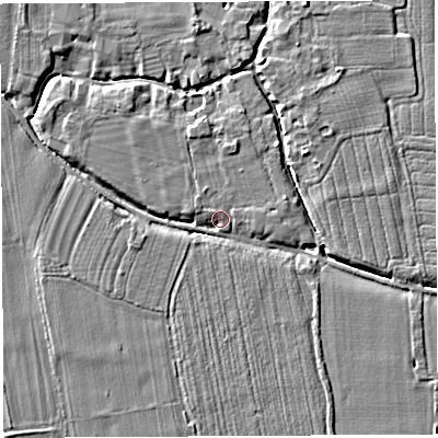 Shaded relief map of the ground around HR14LD, computed from Environment Agency LiDAR. The ground here sits at about 46 m above sea level and falls 4 m across the surrounding 800 m. Surface water reaching this point runs off ground lying to the north-north-west, 1.5 m higher.