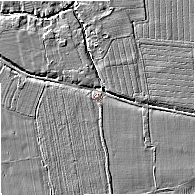Shaded relief map of the ground around HR14LE, computed from Environment Agency LiDAR. The ground here sits at about 46 m above sea level and falls 4 m across the surrounding 800 m. Surface water reaching this point runs off ground lying to the west-south-west, 2.7 m higher.