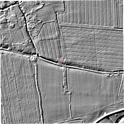 Shaded relief map of the ground around HR14LF, computed from Environment Agency LiDAR. The ground here sits at about 46 m above sea level and falls 6 m across the surrounding 800 m. Surface water reaching this point runs off ground lying to the north-west, 3.4 m higher.