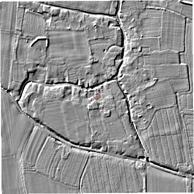 Shaded relief map of the ground around HR14LG, computed from Environment Agency LiDAR. The ground here sits at about 46 m above sea level and falls 6 m across the surrounding 800 m. Surface water reaching this point runs off ground lying to the south, 1.6 m higher.