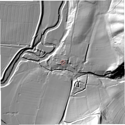 Shaded relief map of the ground around HR14LN, computed from Environment Agency LiDAR. The ground here sits at about 49 m above sea level and falls 60 m across the surrounding 800 m. Surface water reaching this point runs off ground lying to the north-east, 3.8 m higher.
