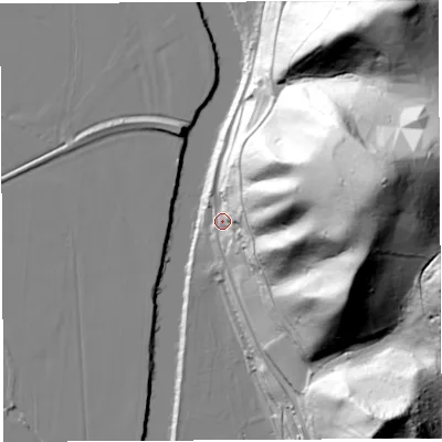 Shaded relief map of the ground around HR14LP, computed from Environment Agency LiDAR. The ground here sits at about 51 m above sea level and falls 117 m across the surrounding 800 m. Surface water reaching this point runs off ground lying to the east-north-east, 109.3 m higher.