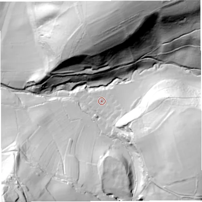 Shaded relief map of the ground around HR14LS, computed from Environment Agency LiDAR. The ground here sits at about 57 m above sea level and falls 97 m across the surrounding 800 m. Surface water reaching this point runs off ground lying to the east-south-east, 20.1 m higher.